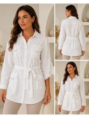 Pretty Good White Belted Utility Tunic Top Roll-Tab Sleeves D-Ring Pockets